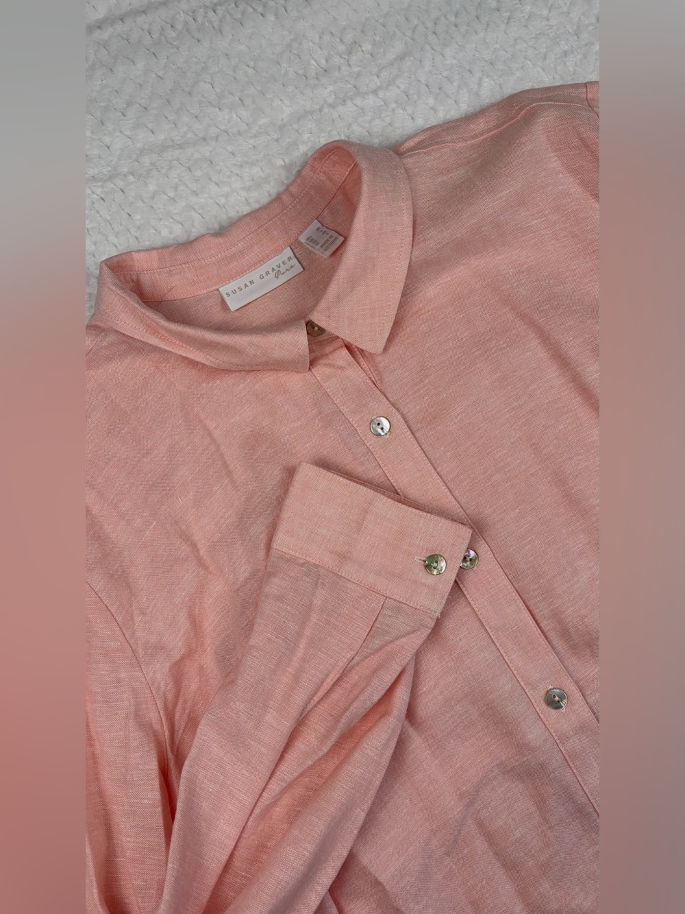 Susan Graver Pure Pink Linen Blend Lace Trim Button Front Shirt Top Size Medium